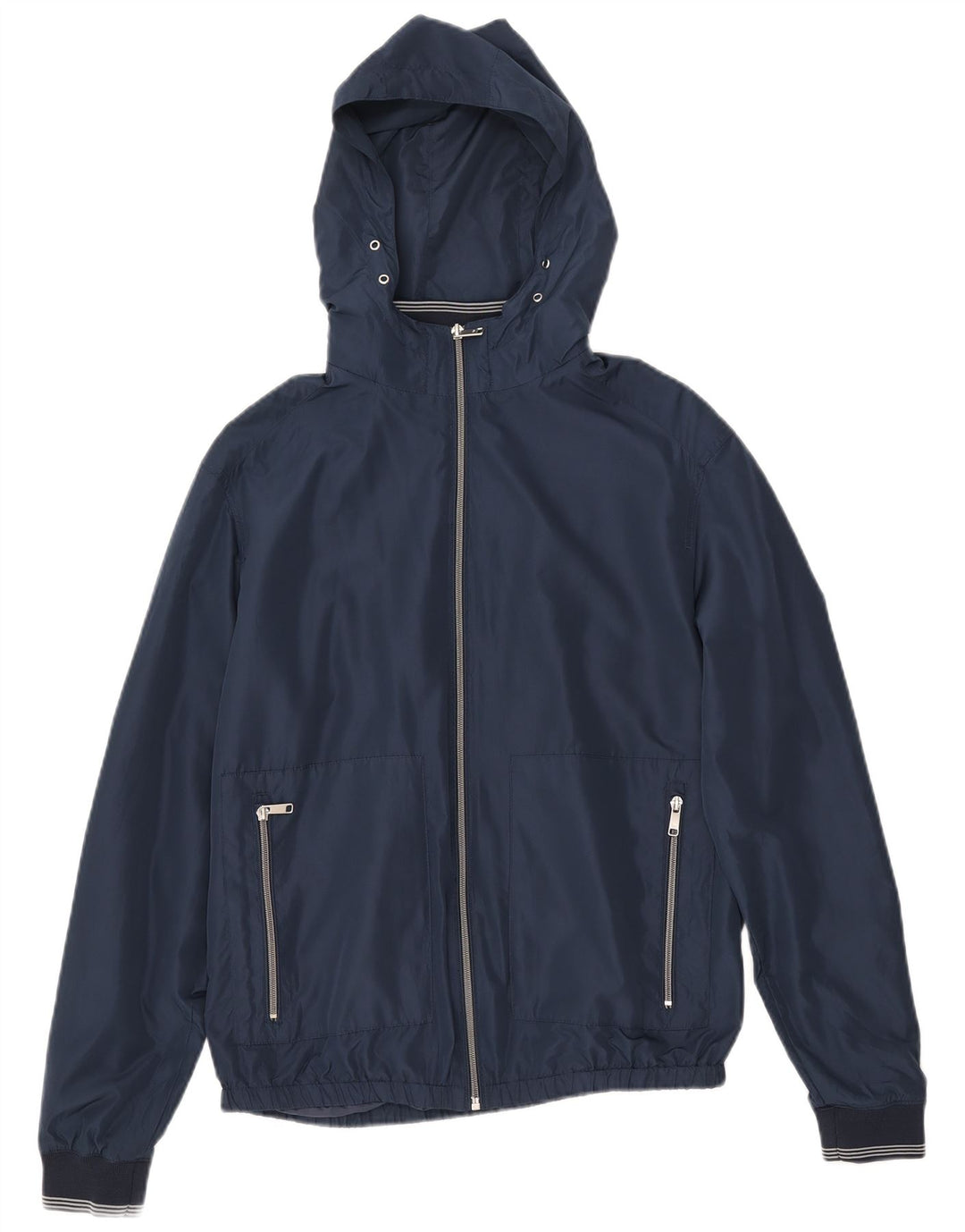 Zara Mens Hooded Bomber Jacket UK 38 Medium Navy Blue Polyester