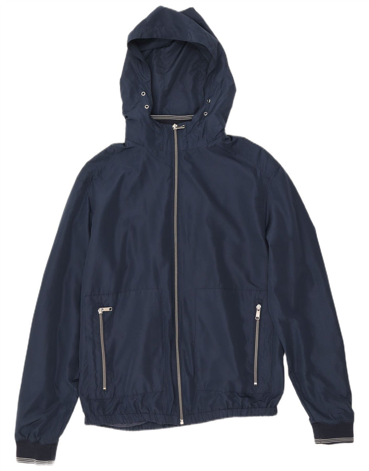 Zara Mens Hooded Bomber Jacket UK 38 Medium Navy Blue Polyester