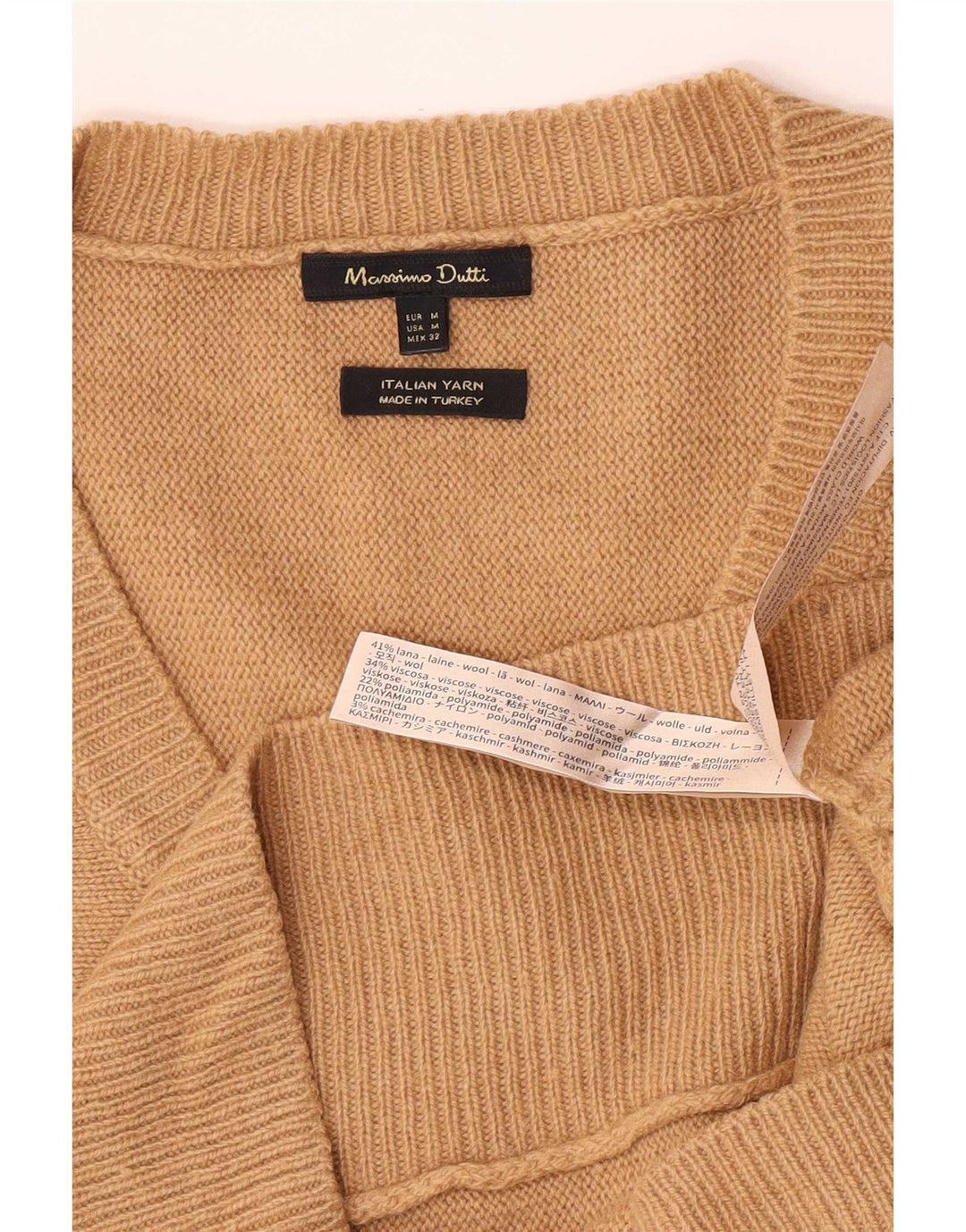 Massimo Dutti Womens V-Neck Jumper Sweater UK 14 Medium Beige Wool
