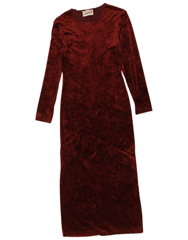 Vestido maxi feminino vintage de manga comprida em veludo UK 10 pequeno borgonha poliamida