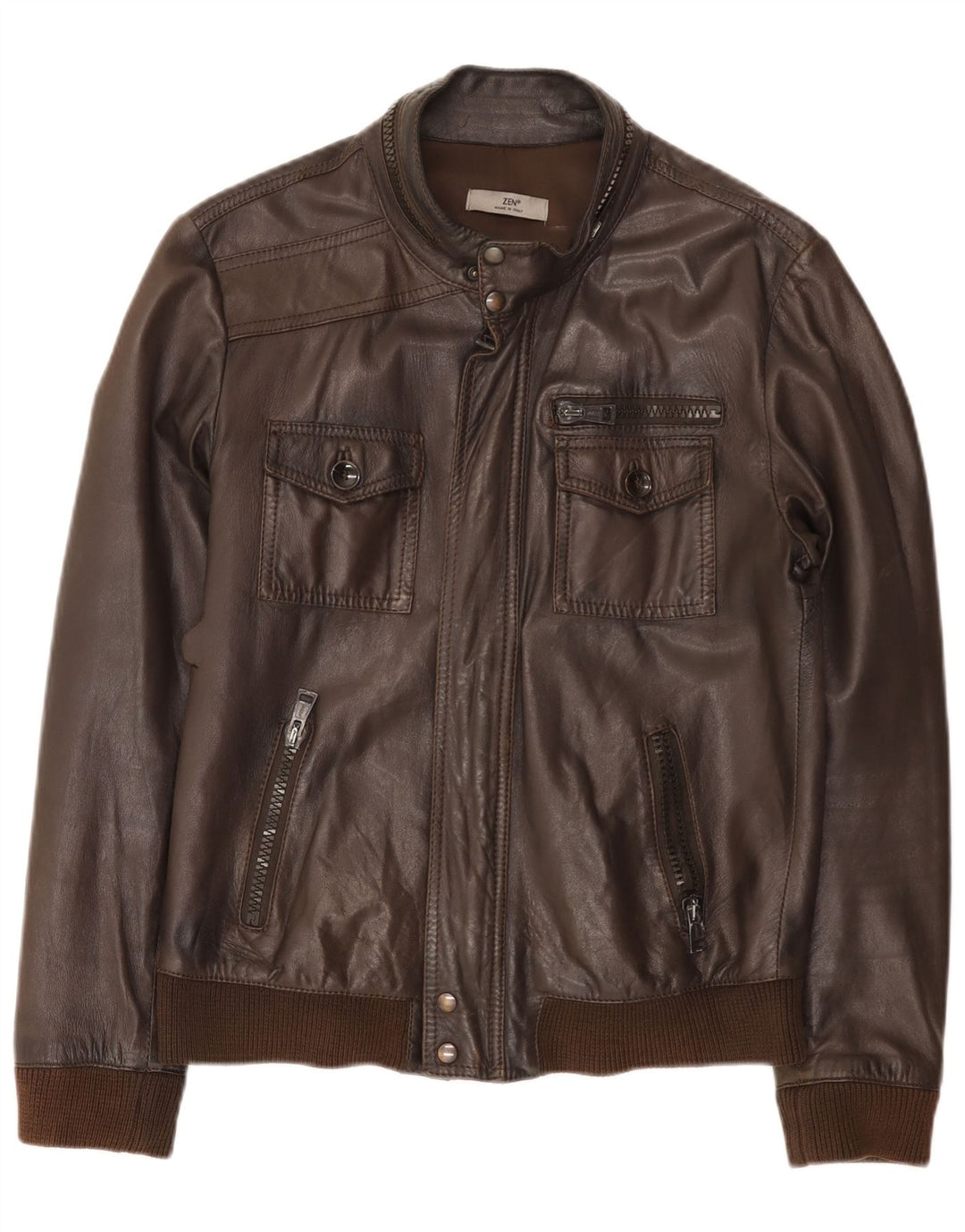 Zen Mens Bomber Leather Jacket Size 50 Medium Brown Leather