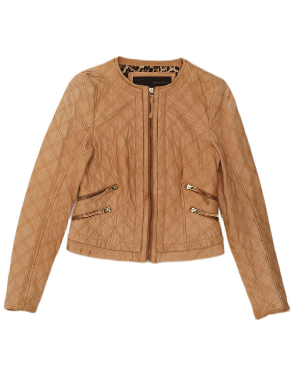 Zara Womens Crop Faux Leather Quilted Jacket UK 8 Small Beige Polyester