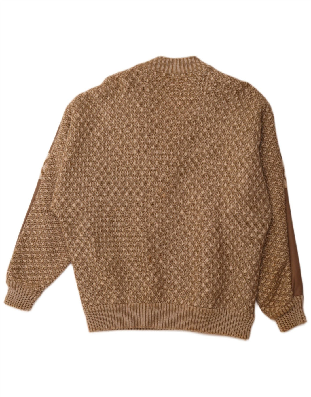 VINTAGE Mens V-Neck Jumper Sweater Medium Beige Geometric