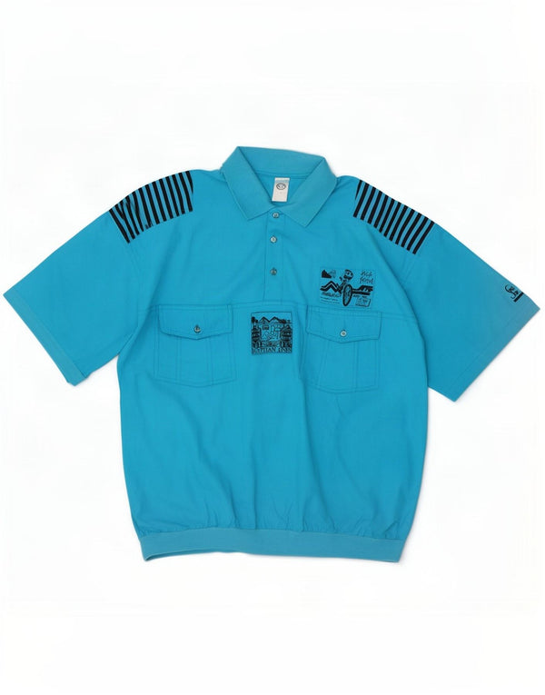 C & A Chemise pull à manches courtes pour hommes en coton bleu moyen