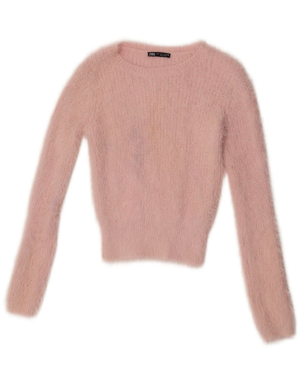 Zara Womens Crop Boat Neck Jumper Sweater UK 8 Small Pink Nylon