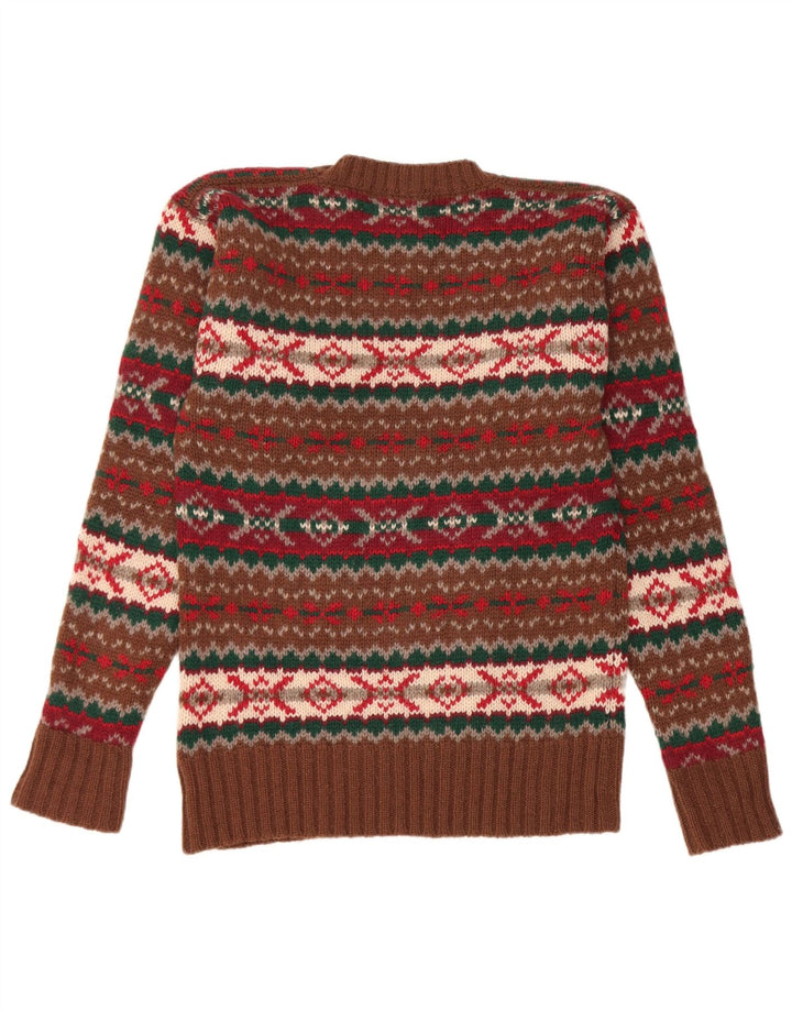 Chaps Mens Crew Neck Jumper Sweater Small Brown Fair Isle Virgin Wool