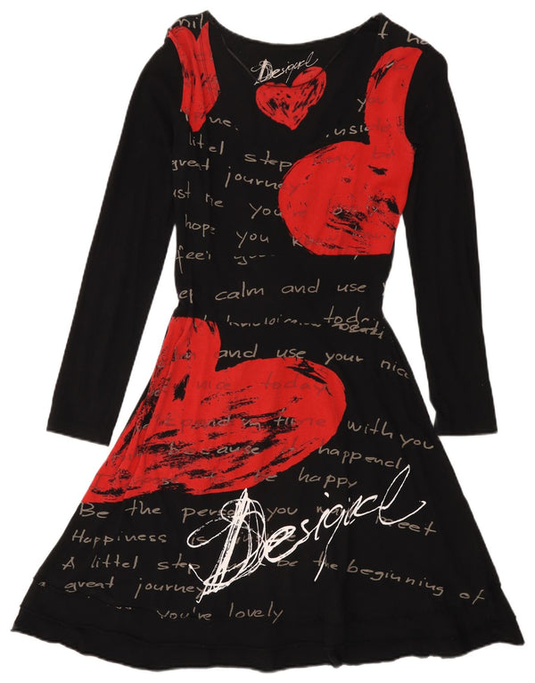 Desigual Damen Grafik-Langarm-A-Linien-Kleid UK 12 Mittelschwarze Baumwolle