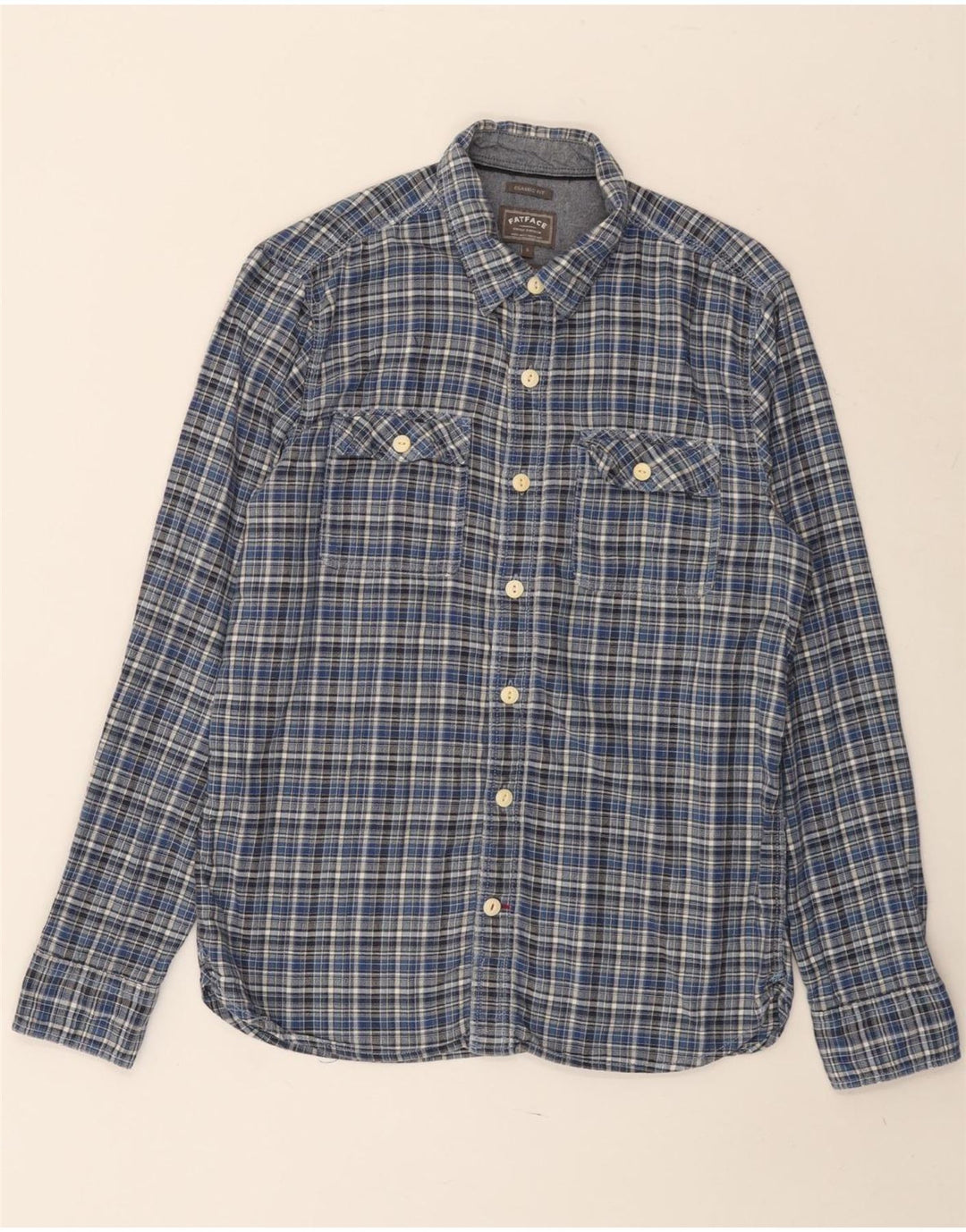 FAT FACE Mens Classic Fit Flannel Shirt Small Blue Check Cotton