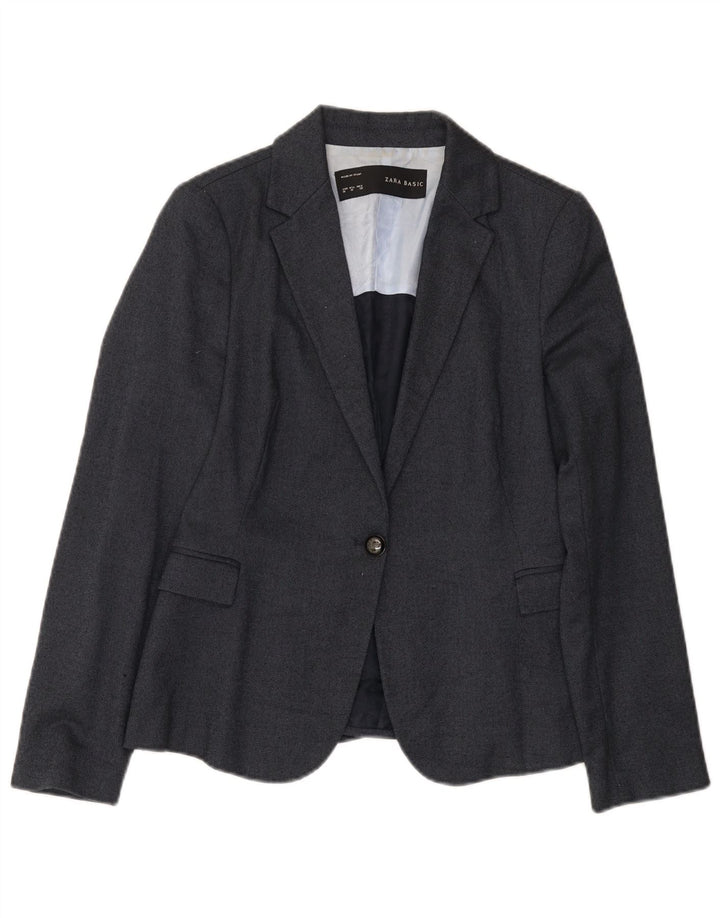 Zara Womens 1 Button Blazer Jacket UK 12 Medium Navy Blue Polyester