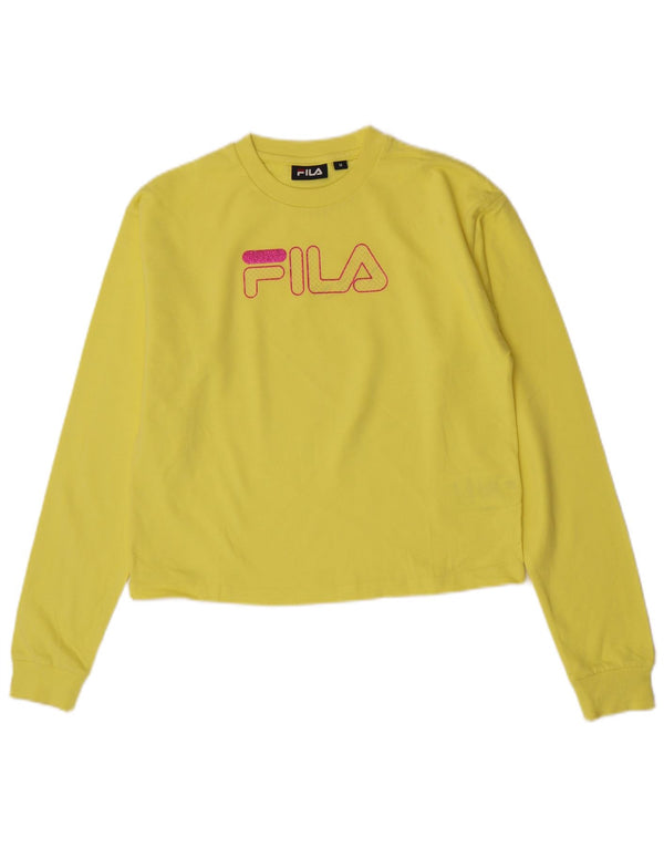Fila Womens Crop Graphic Top Long Sleeve UK 14 Medium Yellow Cotton