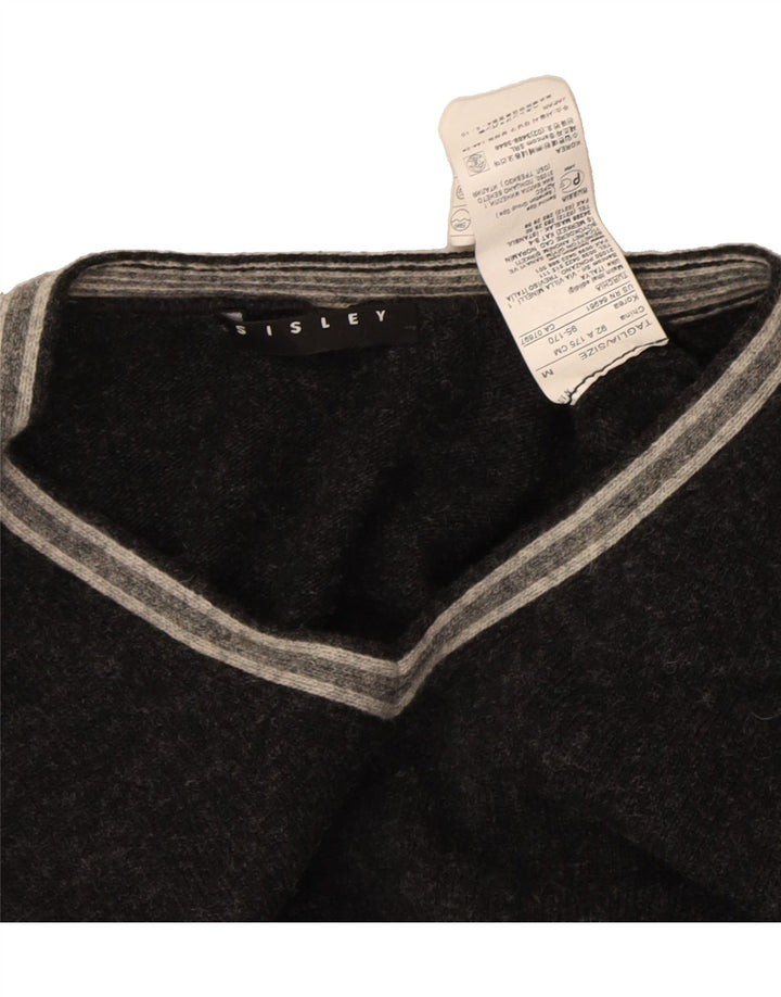 SISLEY Mens V-Neck Jumper Sweater Medium Grey Striped Wool Vintage Sisley and Second-Hand Sisley from Messina Hembry 