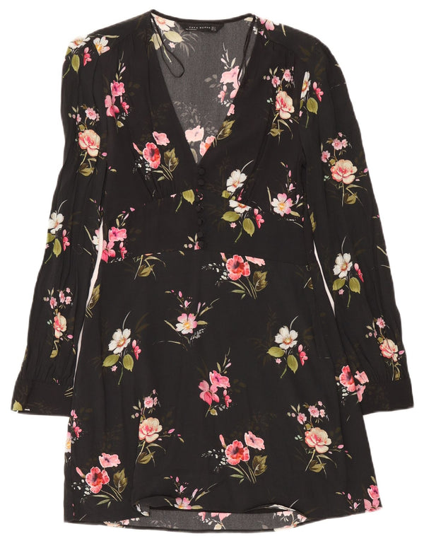 Zara Dame Langærmet A-Line Kjole UK 10 Small Black Floral
