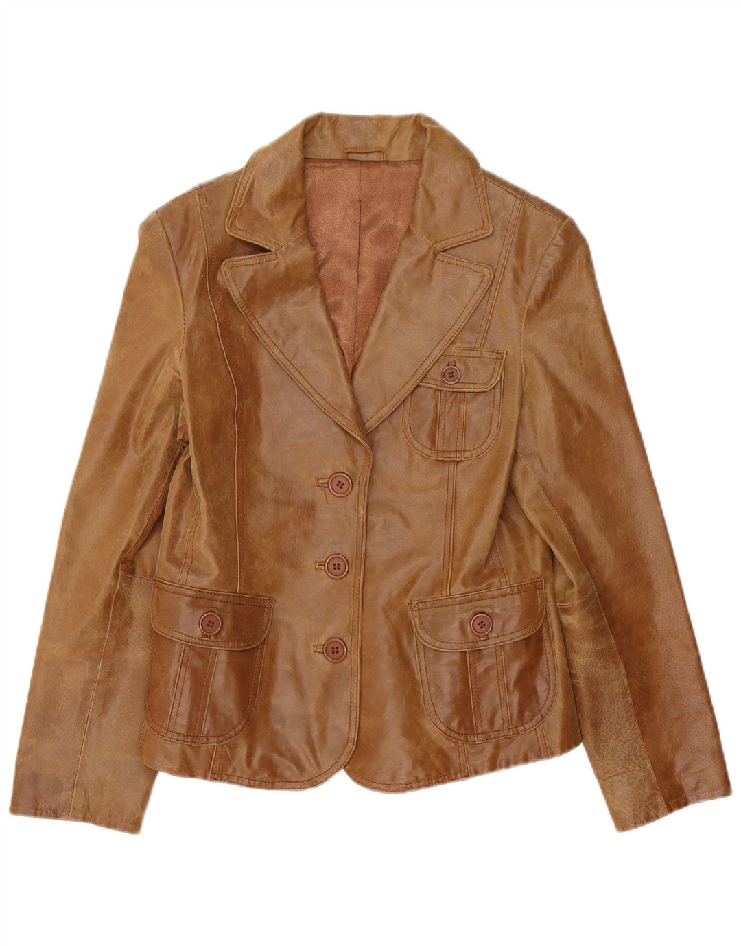 Bay Womens 3 Button Leather Blazer Jacket UK 14 Large Brown Leather
