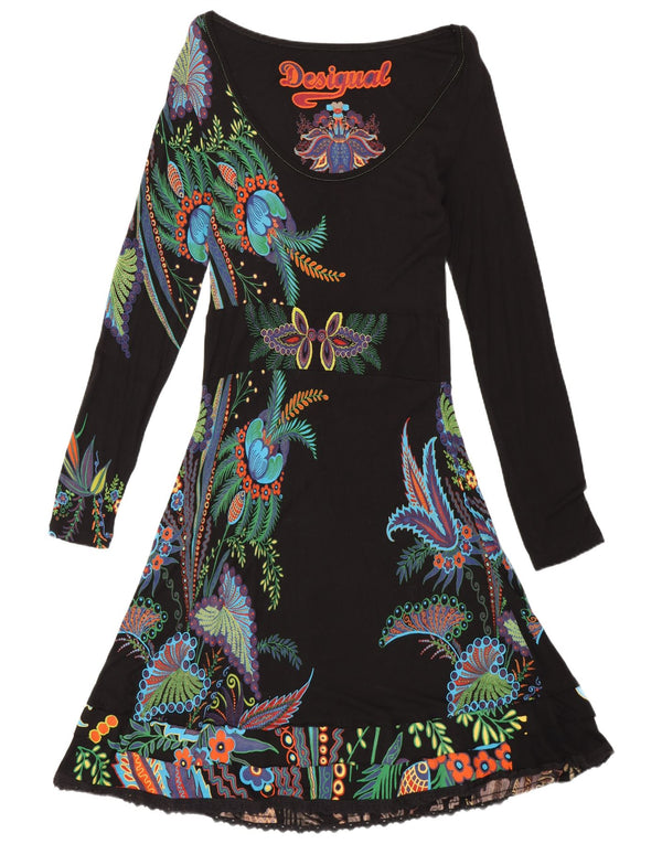 Desigual Abito Impero a Maniche Lunghe da Donna UK 12 Medio Nero Floreale Bohémien