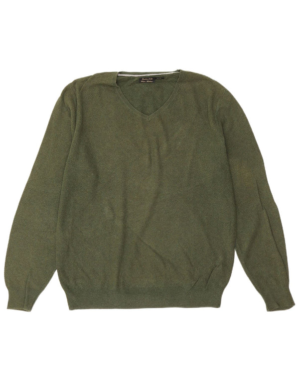 Massimo Dutti Mens V-Neck Jumper Sweater Large Green Cotton