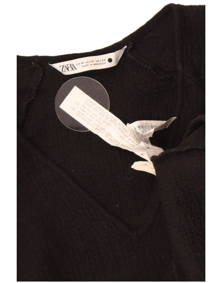 Zara Womens Crop 3/4 Sleeve Blouse Top UK 12 Medium Black Wool