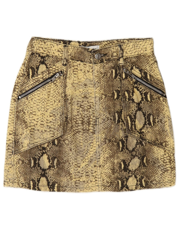 Topshop Dame grafisk mininederdel UK 8 Small W26 Yellow Animal Print Bomuld
