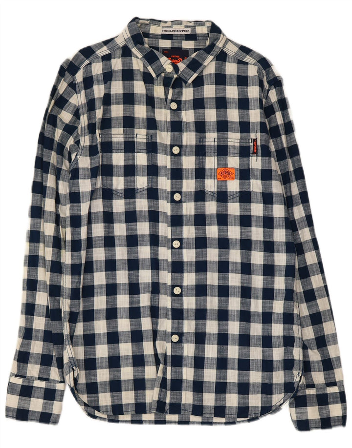 Superdry Mens Shirt Large Navy Blue Gingham Cotton