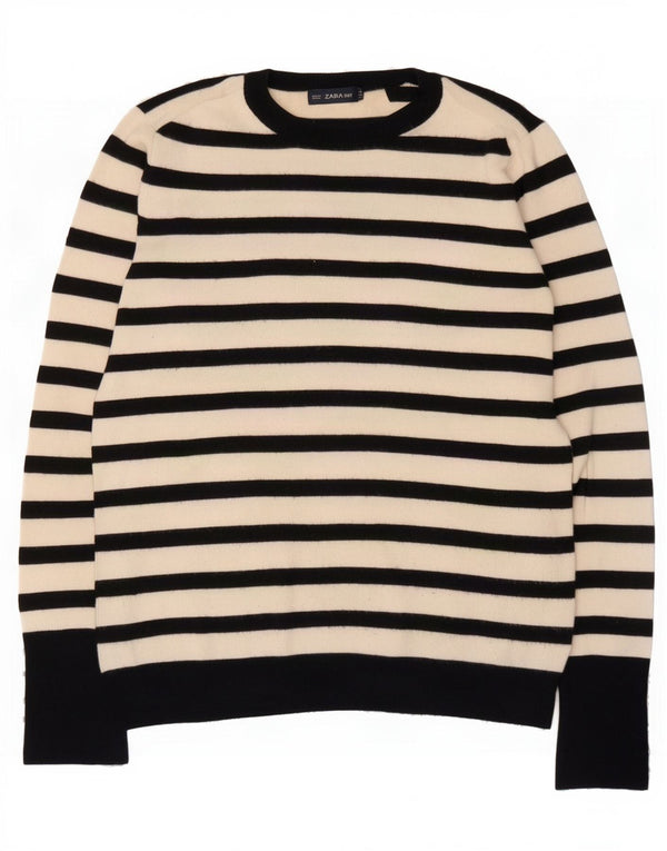 Zara Womens Crew Neck Jumper Sweater UK 14 Large White Striped