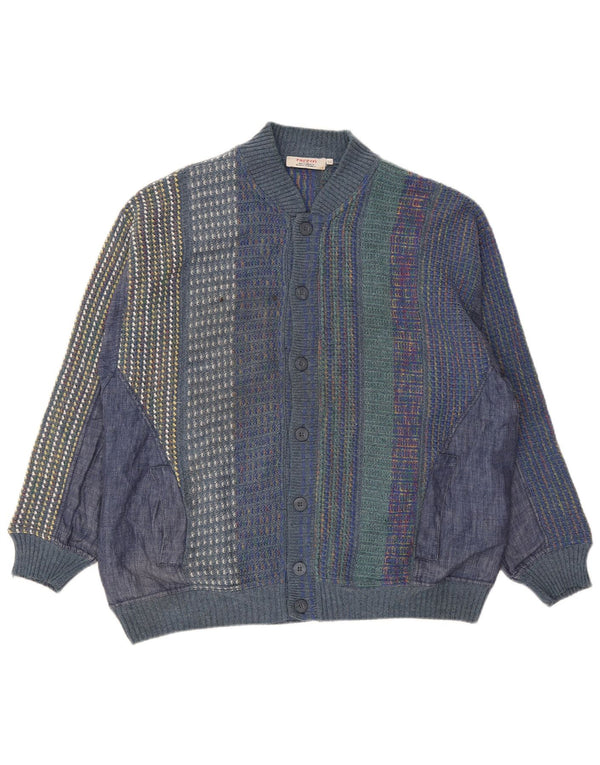vintage Mens Cardigan Sweater IT 54 XL Bleu Marine Rayé Acétate