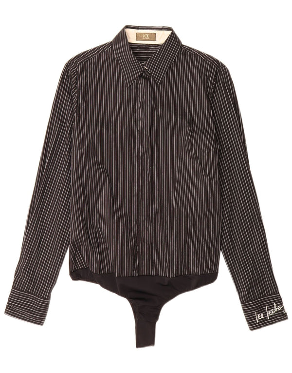 Iceberg Womens Long Sleeve Shirt Bodysuit IT 46 Large Black Pinstripe