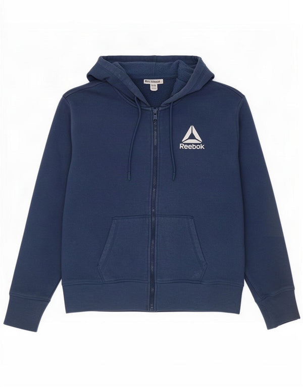 Reebok Felpa con cappuccio e zip da donna vestibilità comoda UK 8 Small Blue Cotton Sports