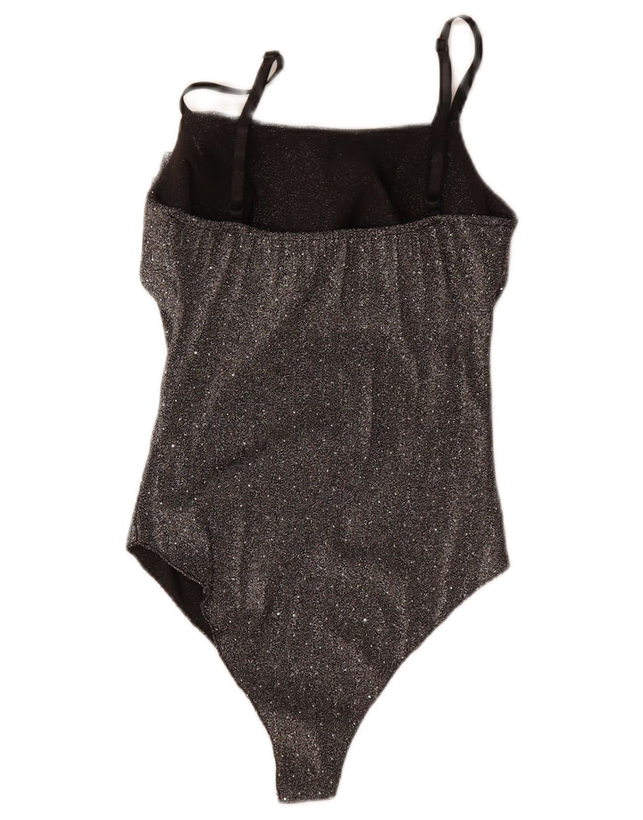 Vintage Damen Ärmelloser Body UK 8 Small Schwarz geflecktes Polyester