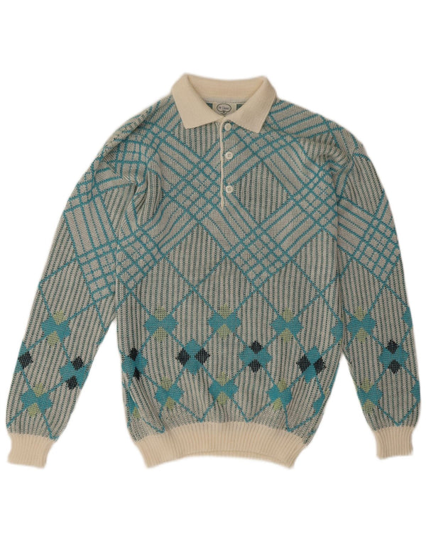 Vintage Mens Polo Neck Jumper Sweater Medium Blue Geometric