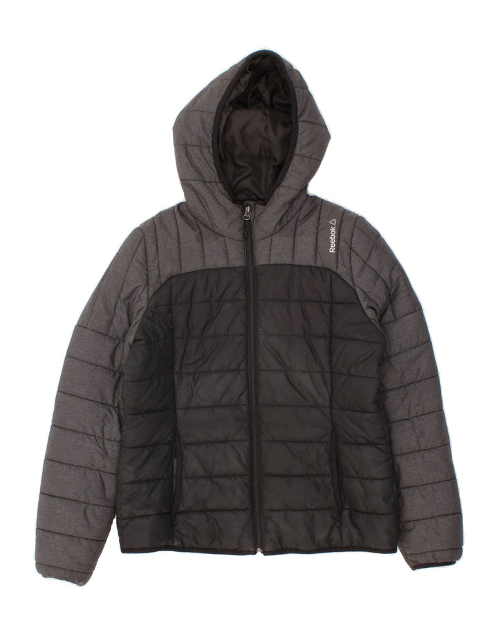 REEBOK Womens Hooded Padded Jacket UK 12/14 Medium Black Colourblock Vintage Reebok and Second-Hand Reebok from Messina Hembry 