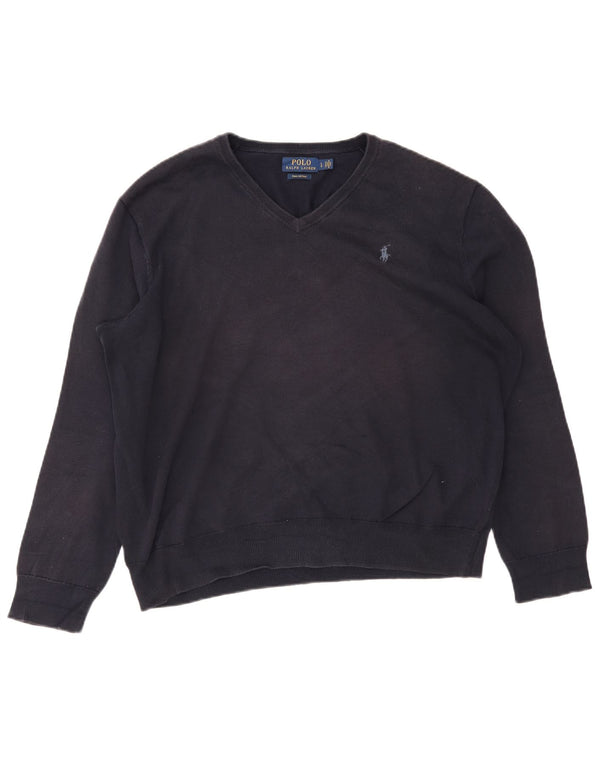 Polo Ralph Lauren Mens V-Neck Jumper Sweater Large Navy Blue Cotton