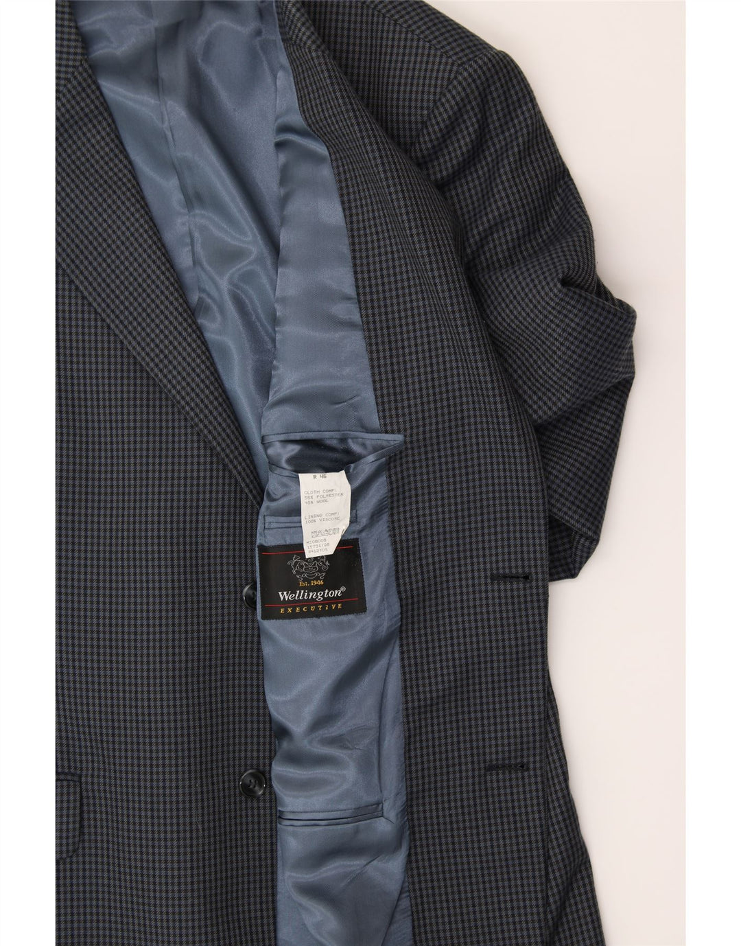 WELLINGTON Mens 2 Button Blazer Jacket UK 46 3XL Blue Check Polyester Vintage Wellington and Second-Hand Wellington from Messina Hembry 
