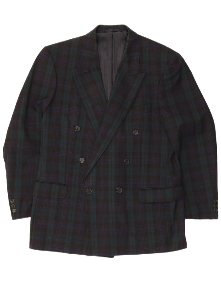 Jaeger Mens Double Breasted Blazer Jacket IT 52 XL Navy Blue Check Wool