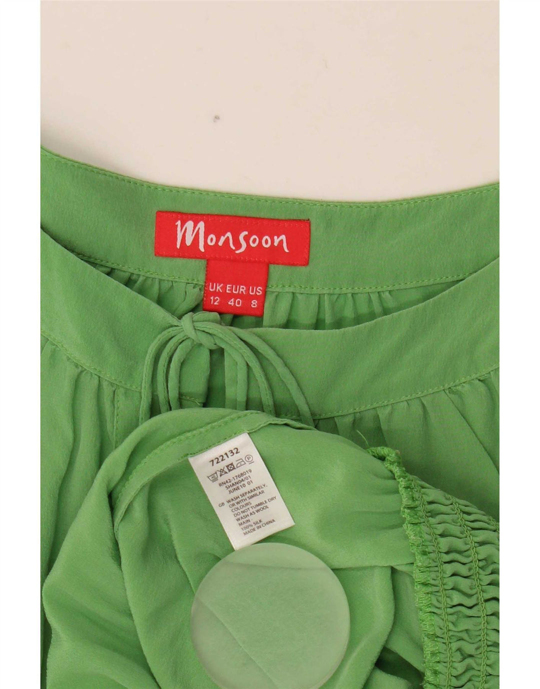 Monsoon Womens 3/4 Sleeve Blouse Top UK 12 Medium Green Silk