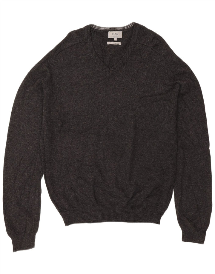 Marks & Spencer Mens V-Neck Jumper Sweater Large Grey Lambswool
