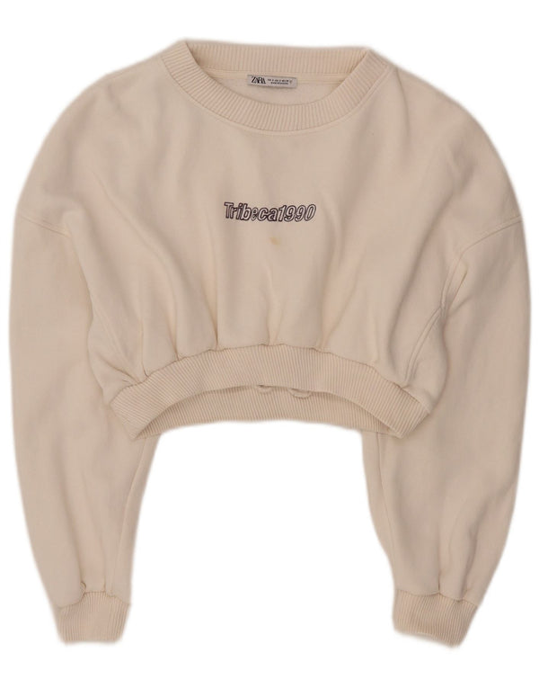 Zara Damen Crop Graphic Sweatshirt Pullover UK 10 Small Off White Baumwolle