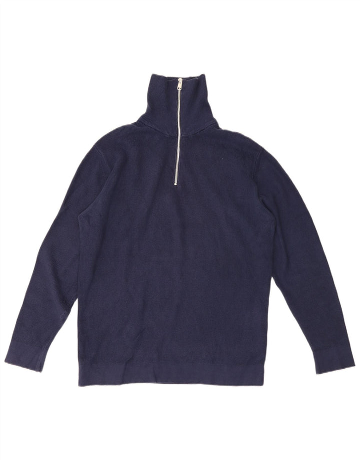 Zara Herre Zip Neck Jumper Sweater Medium Navy Blue Bomuld