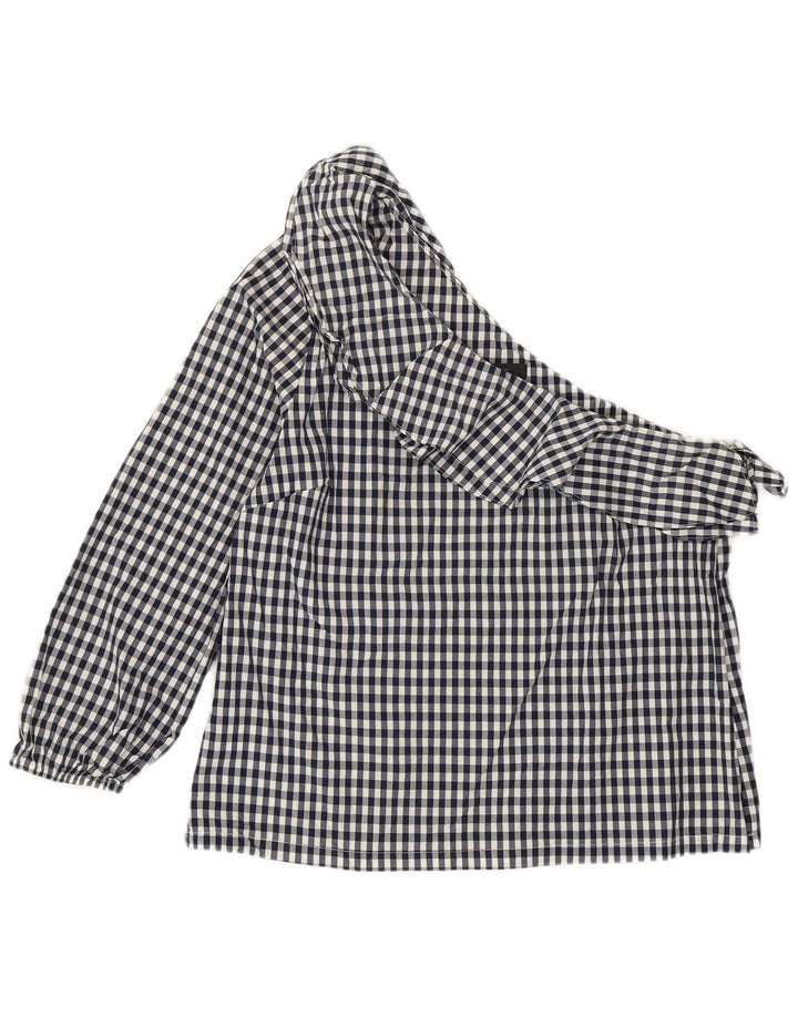 J. CREW Womens One Shoulder Top US 8 Medium Navy Blue Gingham Cotton