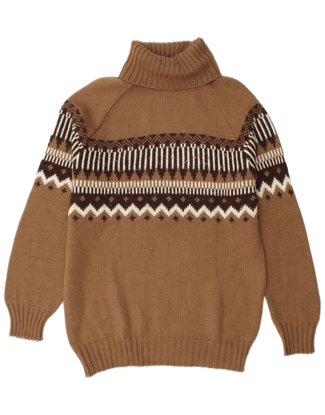 Vintage Mens Roll Neck Jumper Sweater Medium Brown Fair Isle Wool