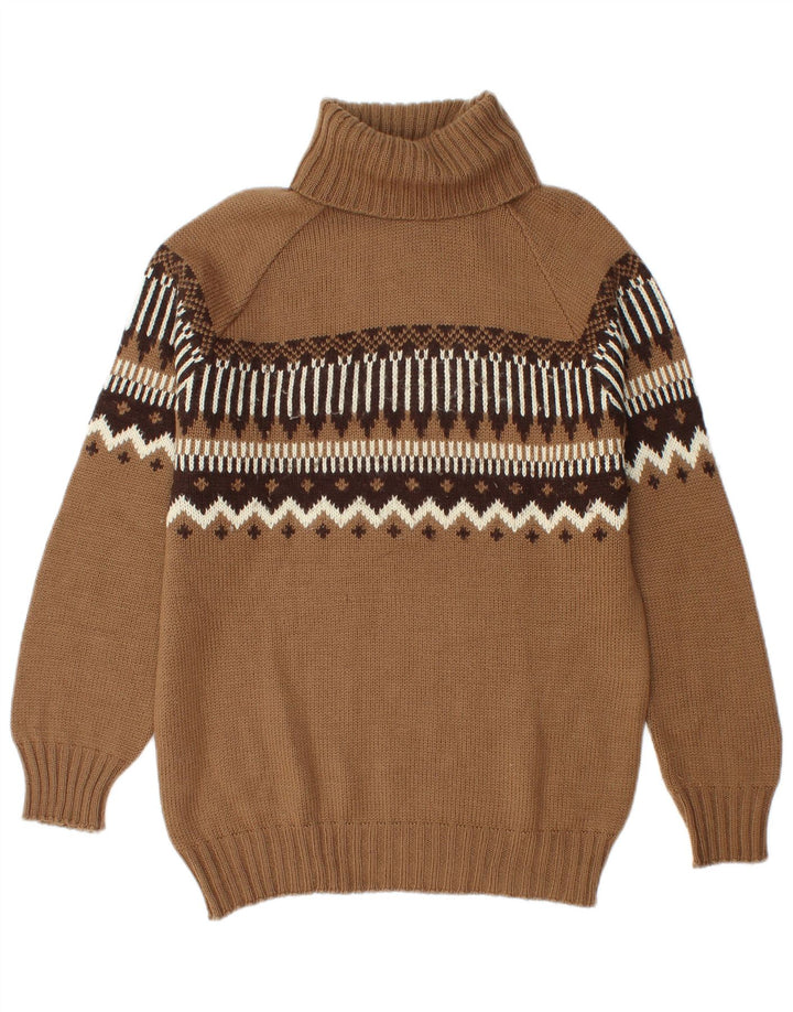 Vintage Mens Roll Neck Jumper Sweater Medium Brown Fair Isle Wool
