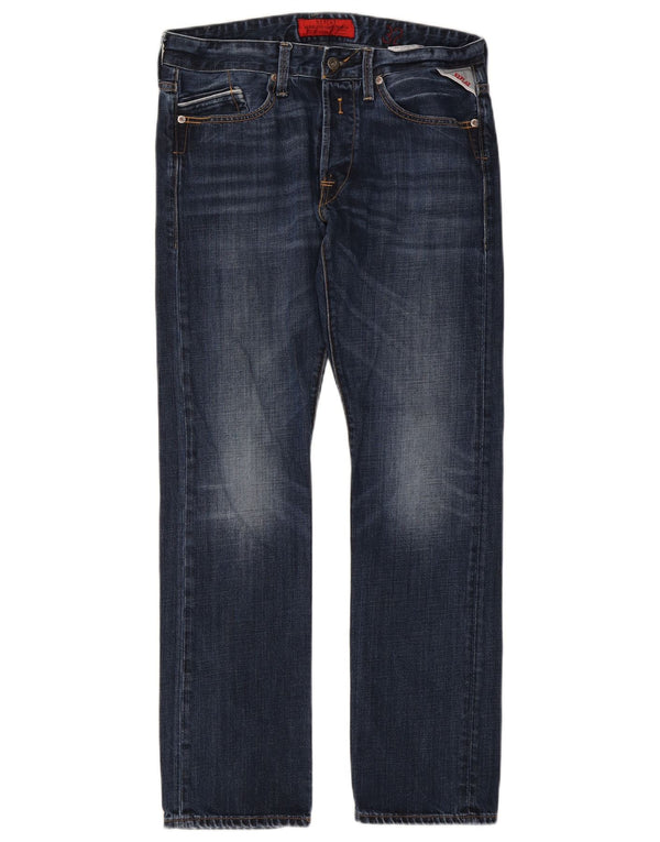 Replay Mens Straight Jeans W32 L32 Navy Blue Cotton