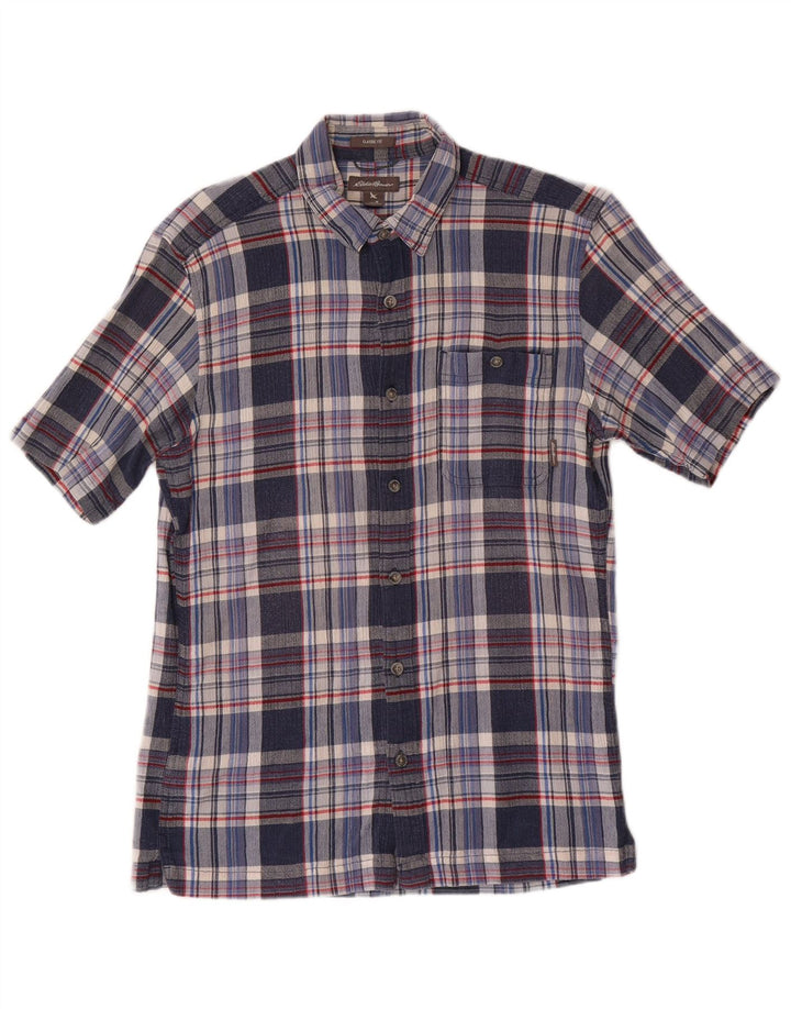 EDDIE BAUER Mens Classic Fit Short Sleeve Shirt Medium Blue Check Cotton
