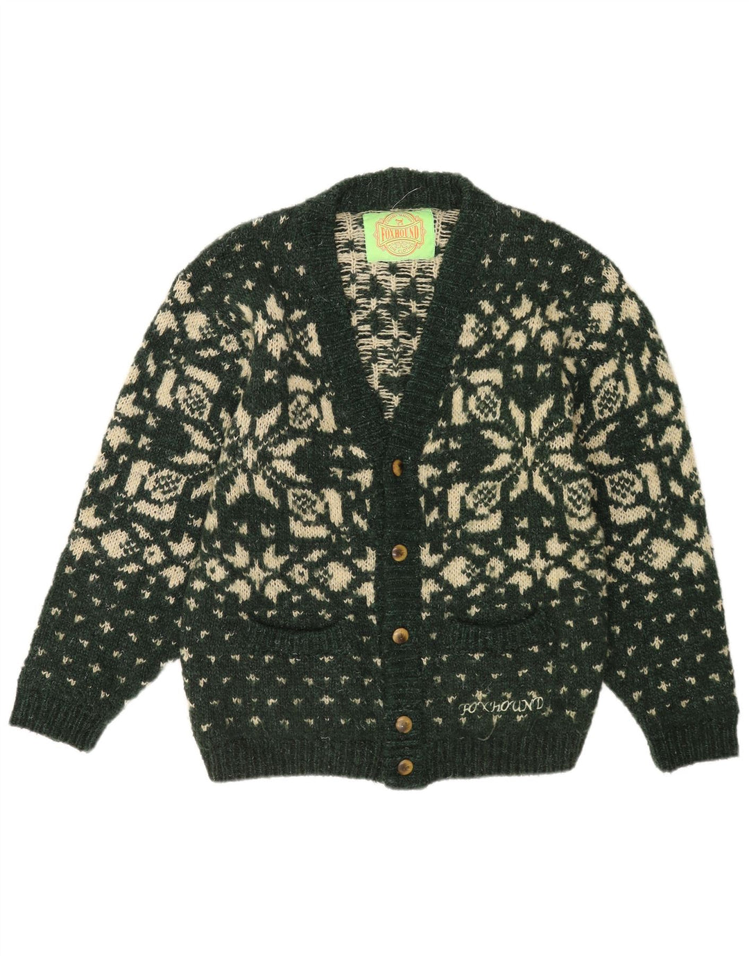 Foxhound Mens Cardigan Sweater Medium Green Fair Isle