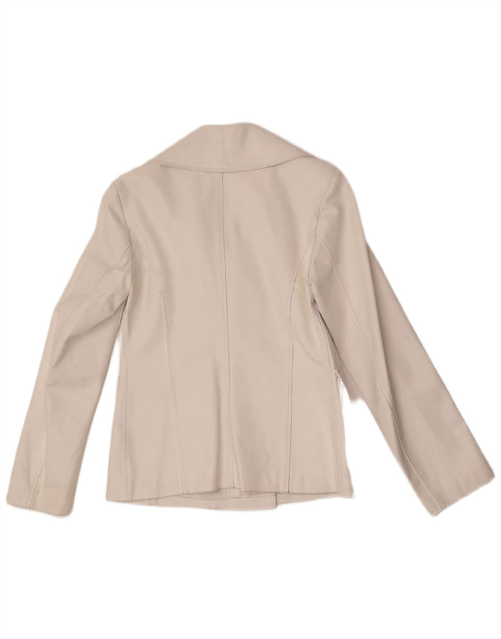 Jaqueta blazer feminina vintage de couro com 3 botões Reino Unido 10 pequena branca