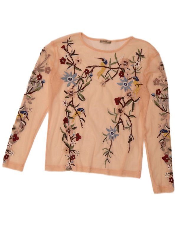 Zara Dame Langærmet Se Through Top UK 10 Small Pink Floral