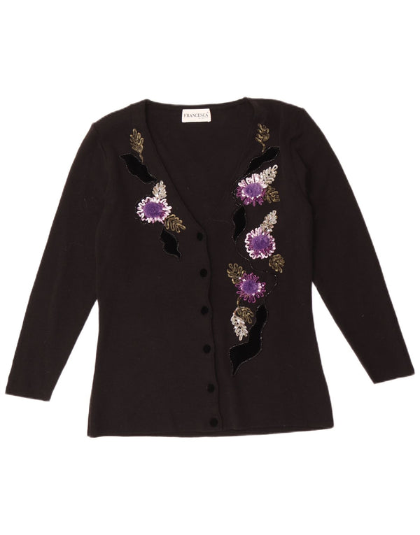 Francesca Womens By Sottini Cardigan Sweater UK 14 Large Black Floral Wool