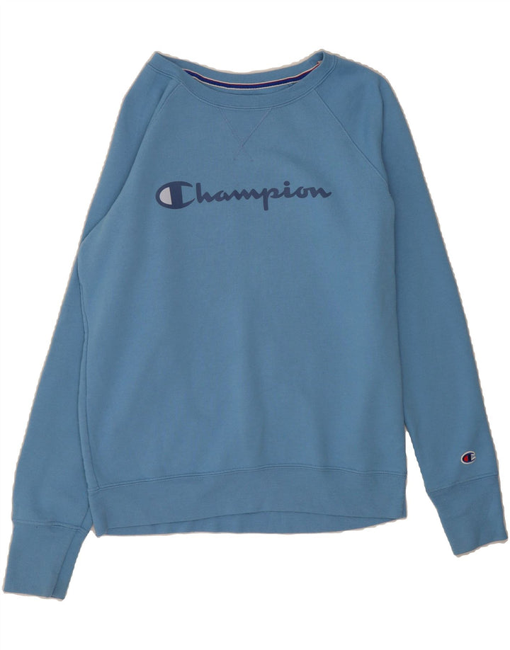 CHAMPION Womens Oversized Graphic Sweatshirt Jumper UK 10 Small Blue Vintage Champion and Second-Hand Champion from Messina Hembry 