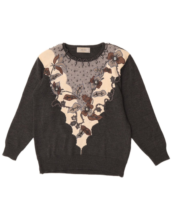 Jubiana Womens Crew Neck Jumper Sweater UK 14 Medium Grey Floral