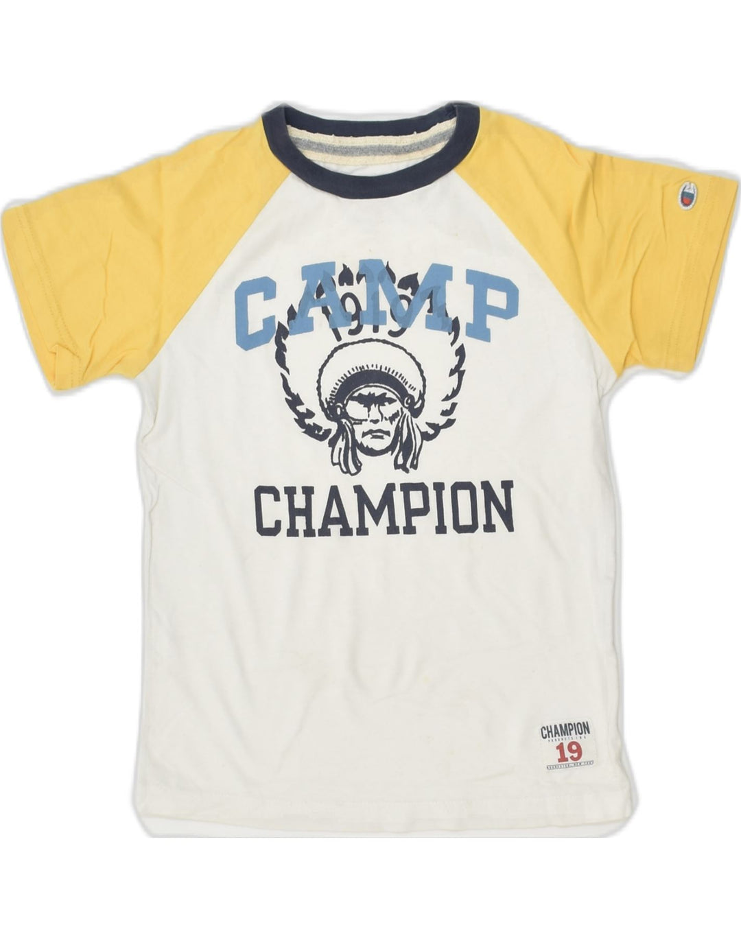 CHAMPION Boys Graphic T-Shirt Top 5-6 Years White Colourblock Cotton | Vintage Champion | Thrift | Second-Hand Champion | Used Clothing | Messina Hembry 
