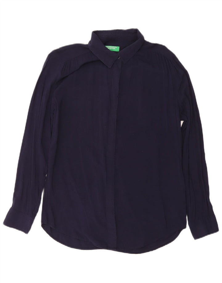 BENETTON Womens Shirt Blouse UK 14 Medium Navy Blue Viscose