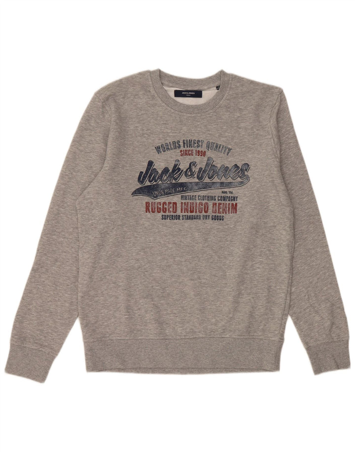 JACK & JONES Mens Graphic Sweatshirt Jumper Medium Grey Flecked Cotton